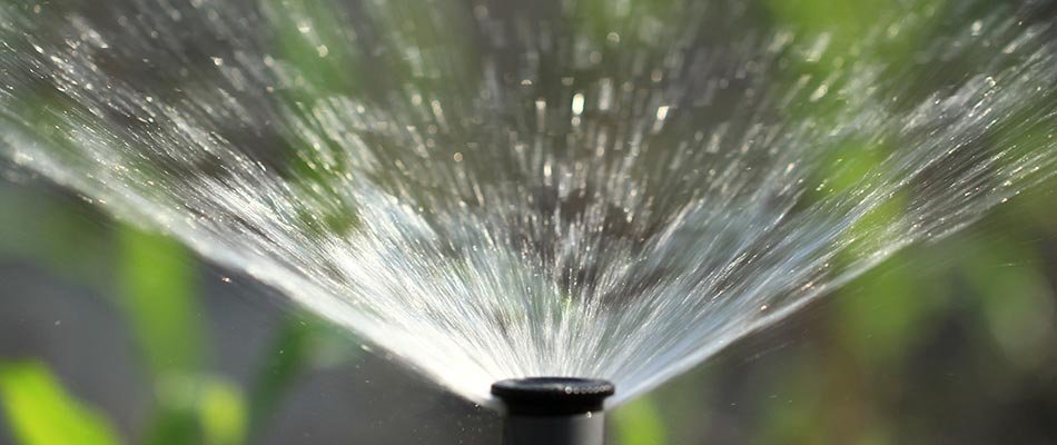 Newly installed irrigation system watering a lawn near Elkhart, IN.