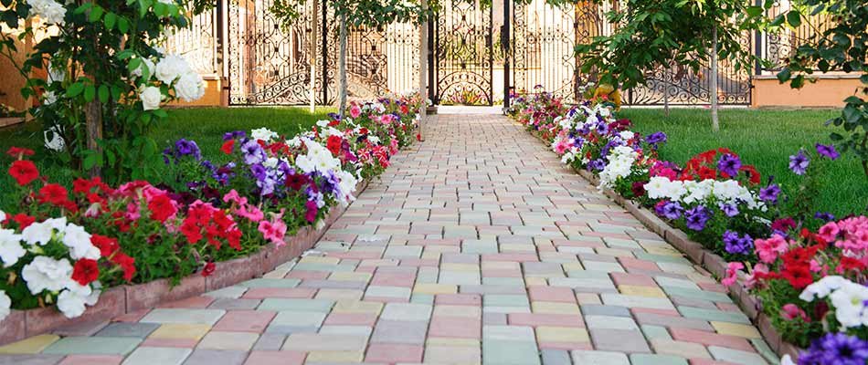 Flowers blooming along a custom walkway near South Bend, IN.